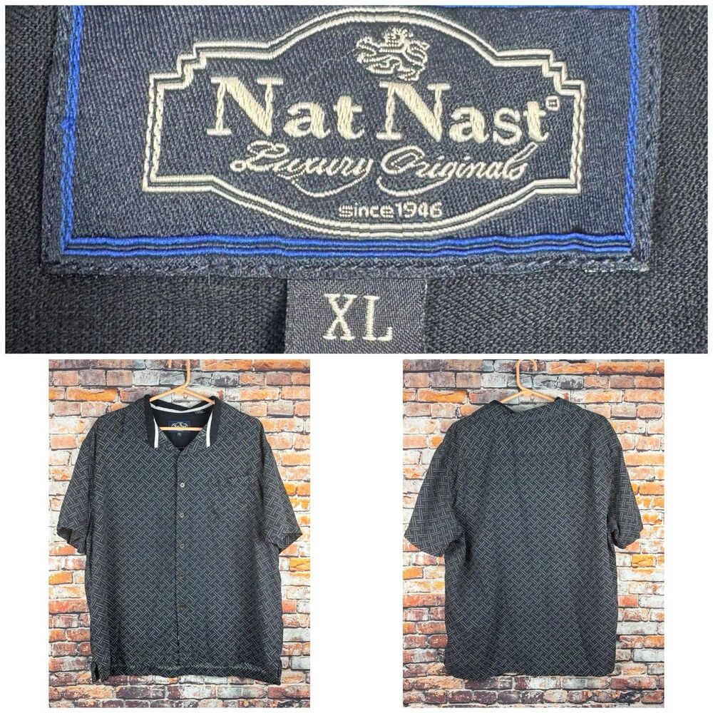 Nat Nast Silk Blend Button Front Shirt Geometric Zig Zag Pattern Black XL